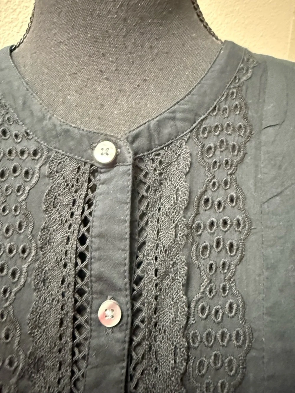 GAP Black Eyelet Lace Midi Dress Button Front Cottagecore Boho XL Chic Style - Picture 3 of 9